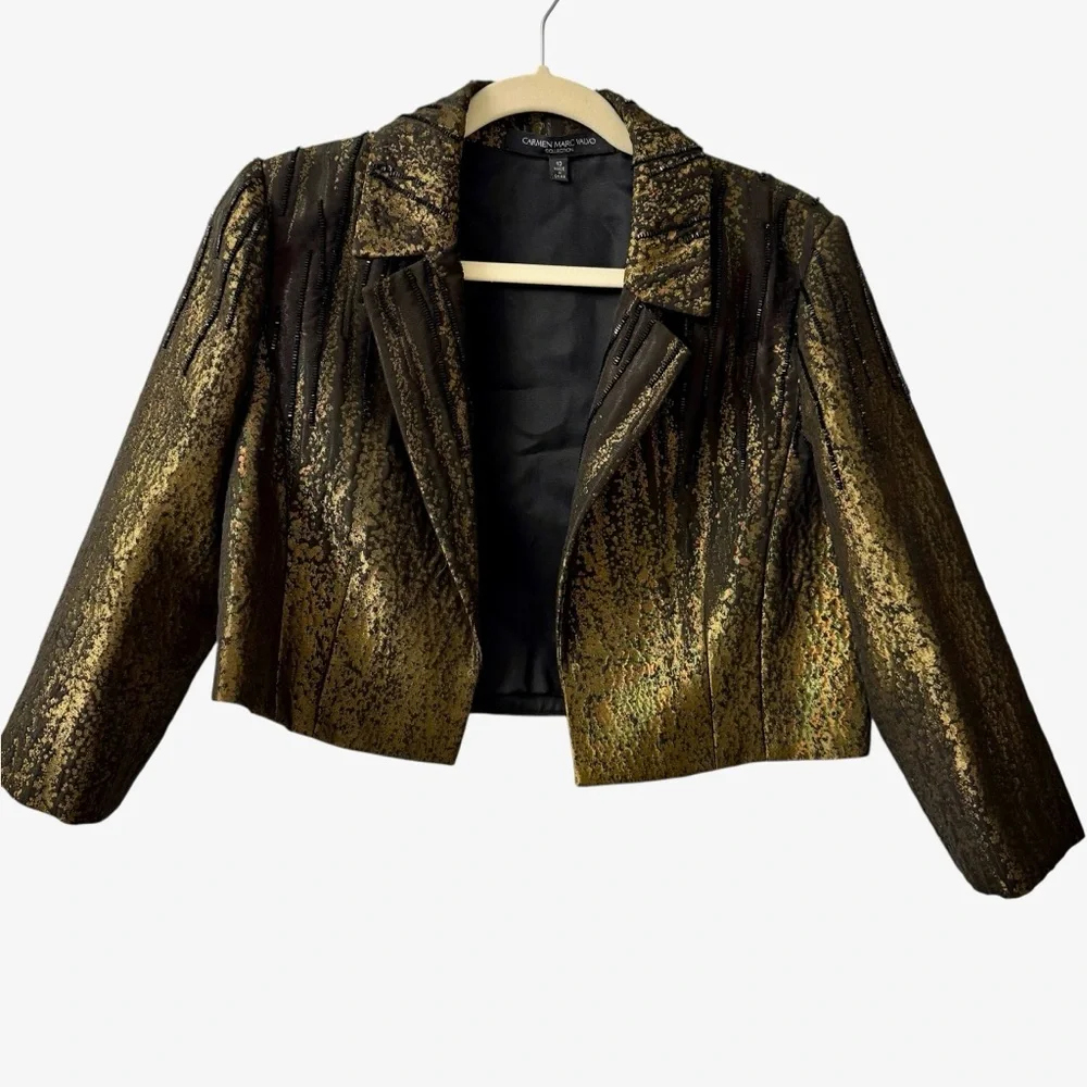 Carmen Marc Valvo Collection Cropped Evening Jacket Size 10 Gold Black Beaded